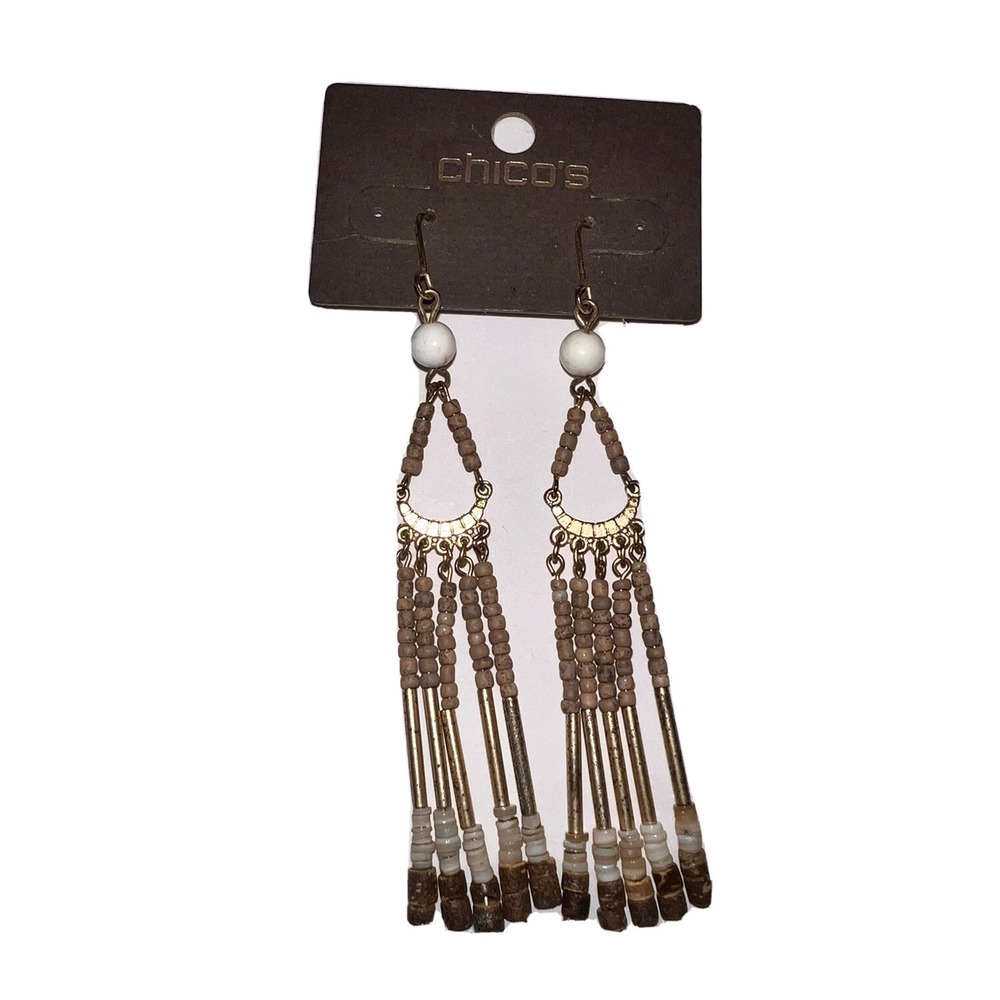 New Chicos Gold Tone Beaded Chandelier Fringe Drop Earrings Brown White Boho